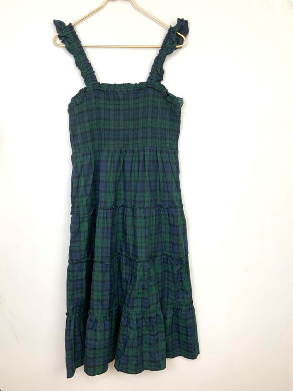 J. CREW Sz Medium Tartan Plaid Smocked Ruffle Strap Tiered Poplin Midi Dress